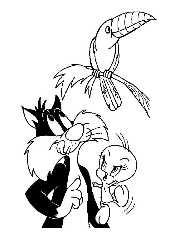 Titi et Grosminet avec un Toucan coloring page