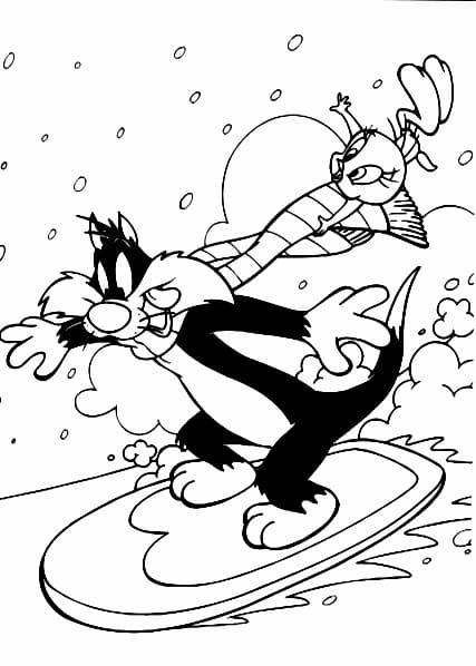 Titi et Grosminet Font du Snowboard coloring page