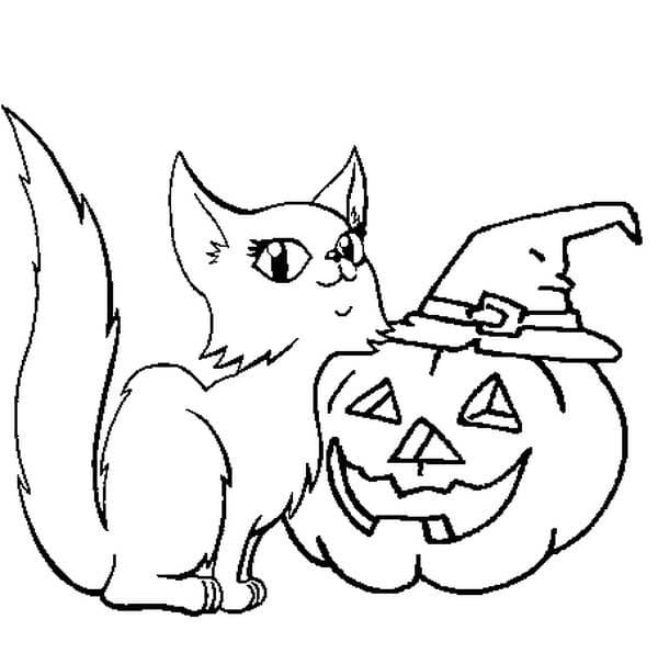 Coloriage Un Chat et Citrouille d'Halloween