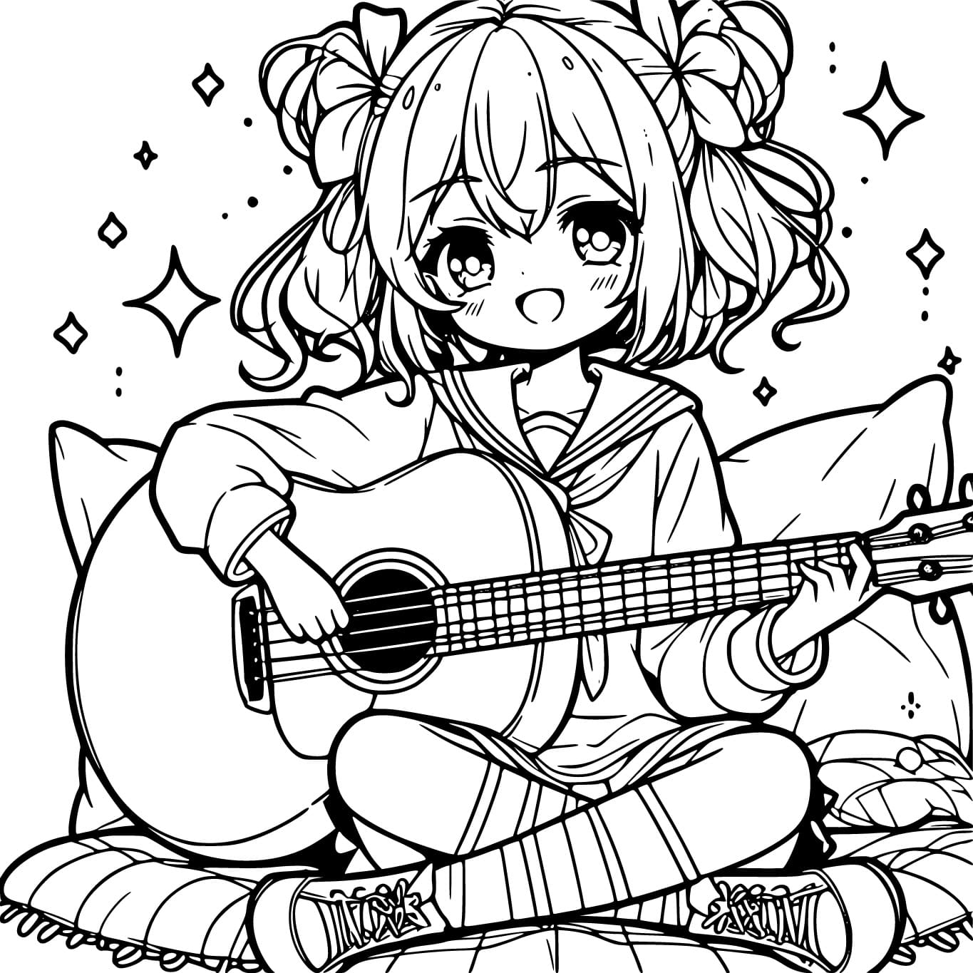 Coloriage Une Fille Manga Joue de la Guitare