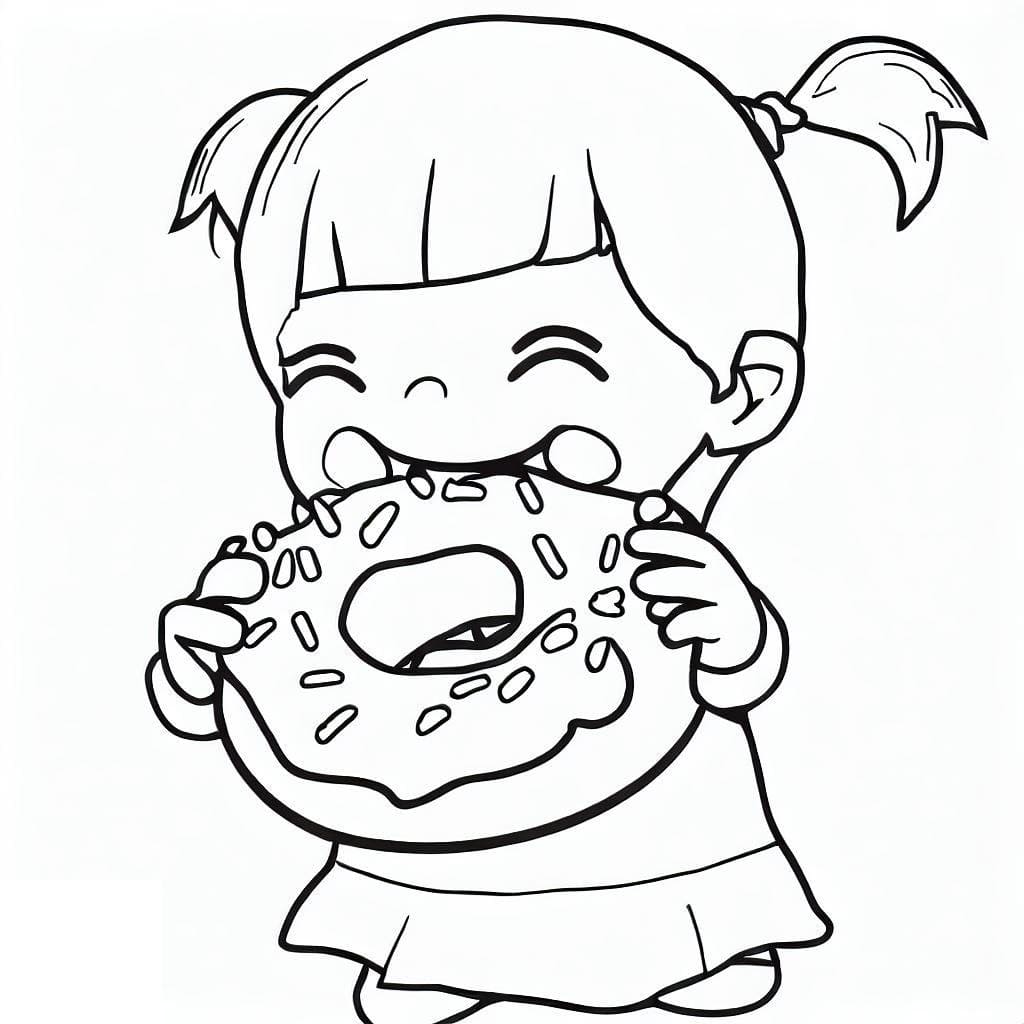 Une Fille Mange un Beignet coloring page