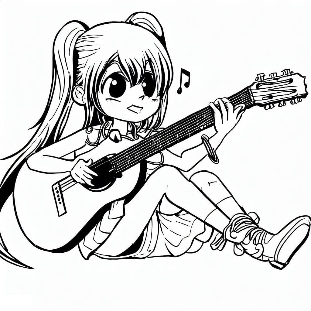 Coloriage Une Manga Fille Joue de la Guitare
