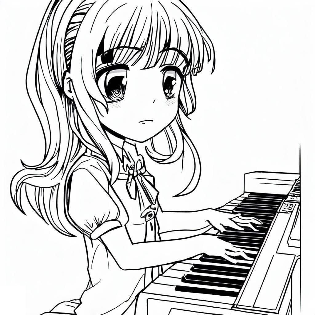Coloriage Une Manga Fille Joue du Piano