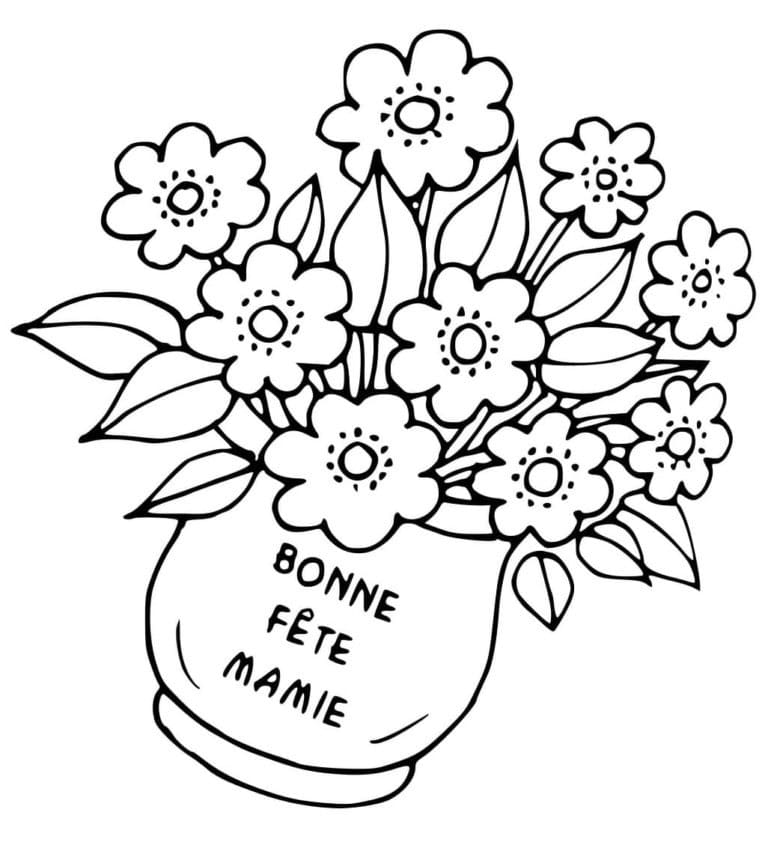 Coloriage Bonne Féte Mamie avec Vase à Fleurs