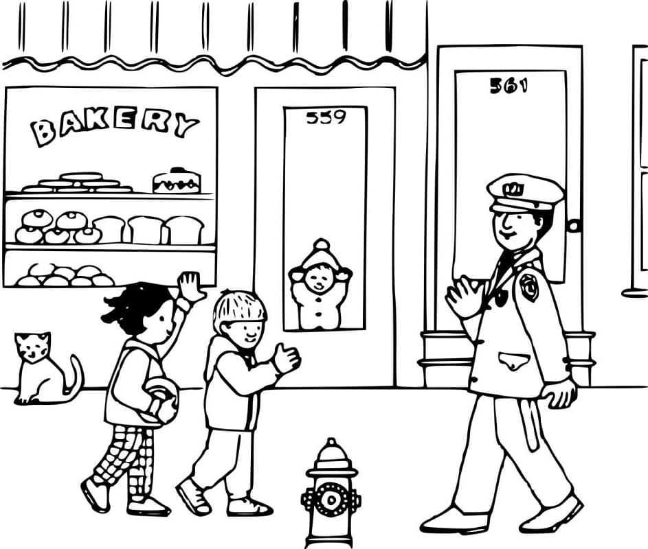 Coloriage Enfants et Officier de Police