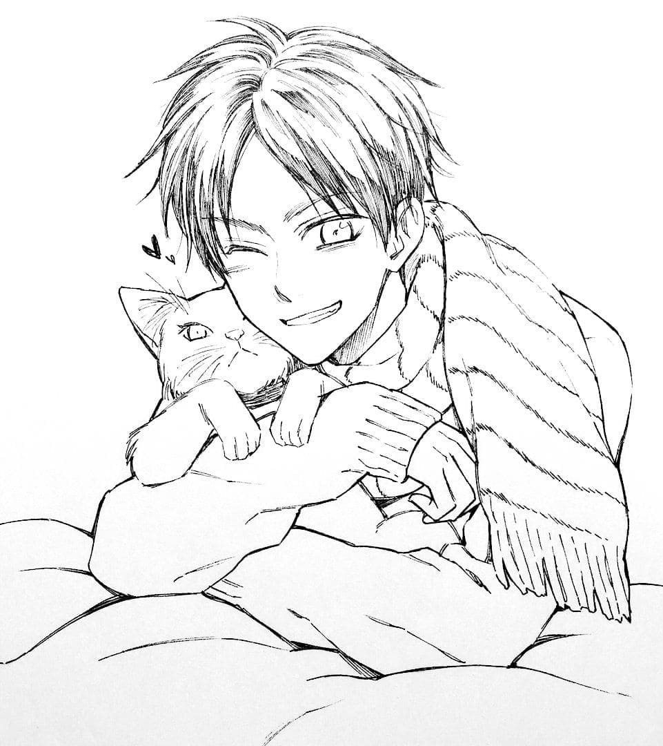 Coloriage Eren Yeager et Chat