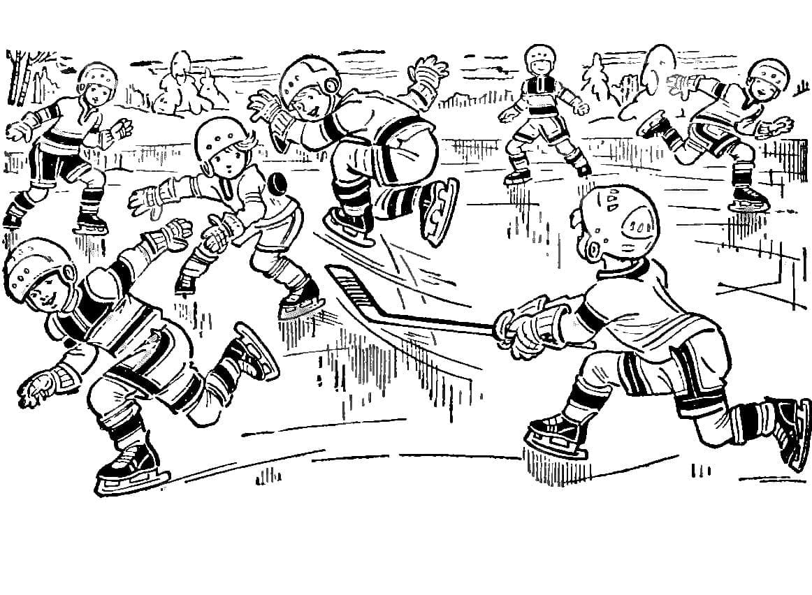 Coloriage Garçons Jouent au Hockey