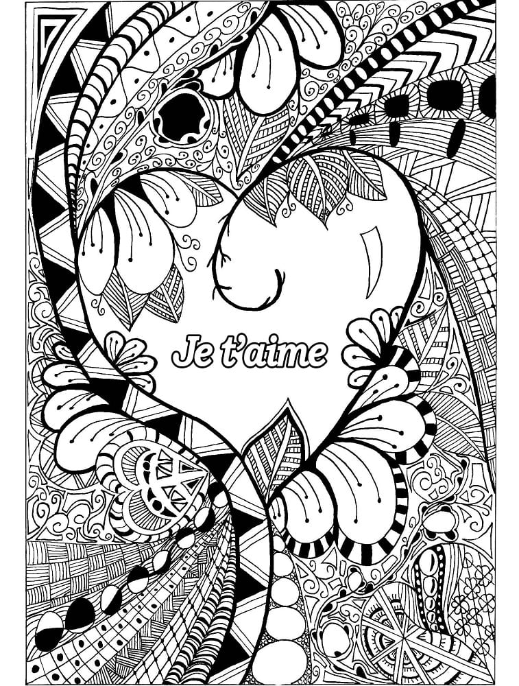 Je t’aime Zentangle coloring page
