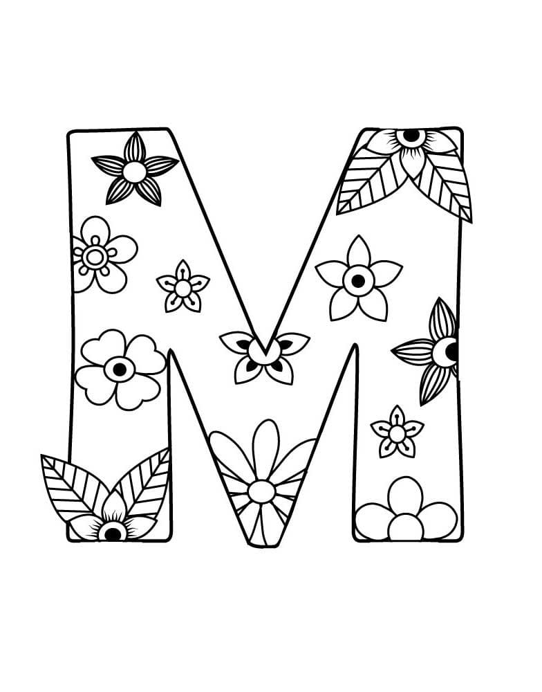 Lettre M et Fleurs coloring page