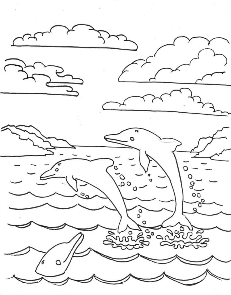 Nuages, Mer et Dauphins coloring page