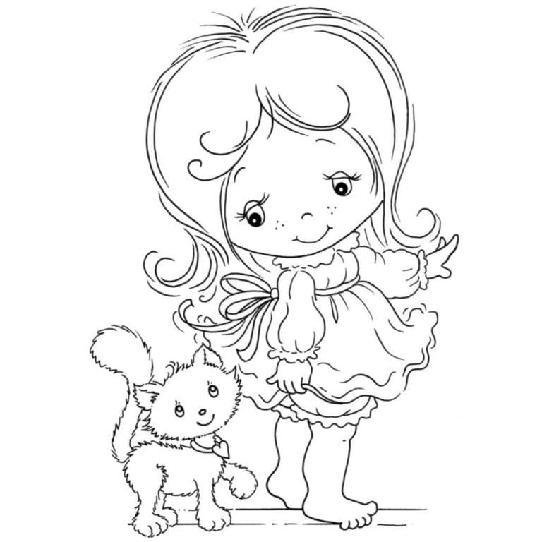 Petite Fille et Chaton coloring page