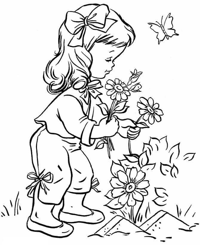 Petite Fille et Fleurs coloring page