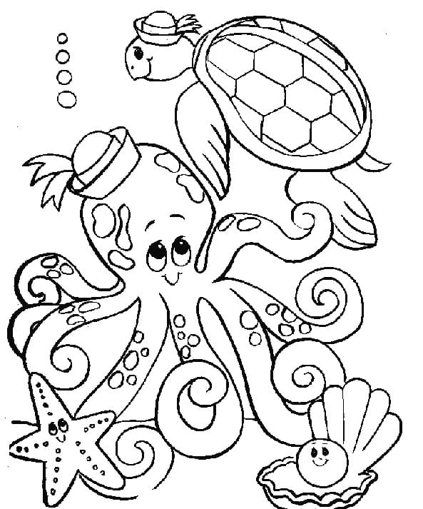 Coloriage Pieuvre et Animaux de l'océan