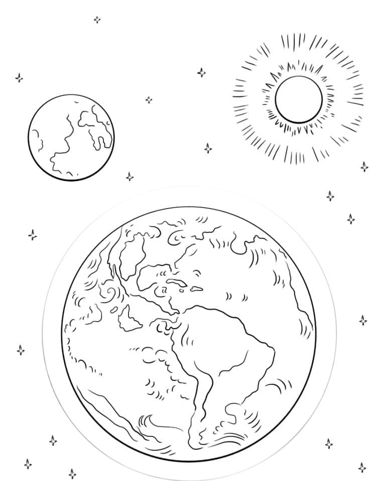 Coloriage Terre avec Lune et Soleil