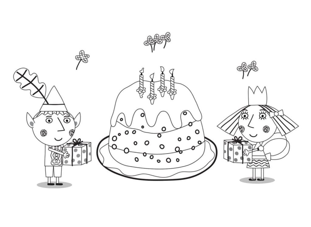 Coloriage Ben et Holly avec Gâteau d'Anniversaire