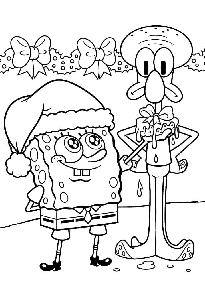 Coloriage Bob l'Éponge et Carlo Tentacule à Noël