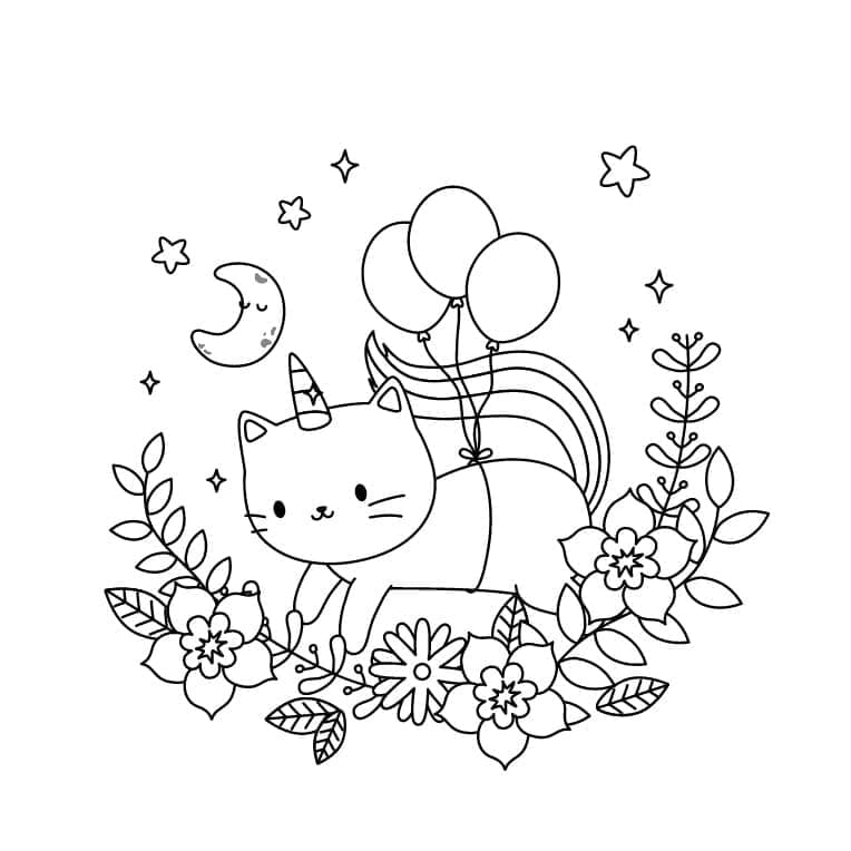 Chat Licorne avec Ballons coloring page