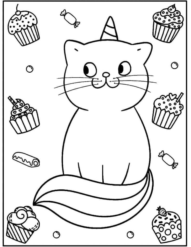 Chat Licorne et Bonbons coloring page