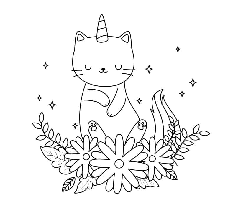 Chat Licorne et Fleurs coloring page