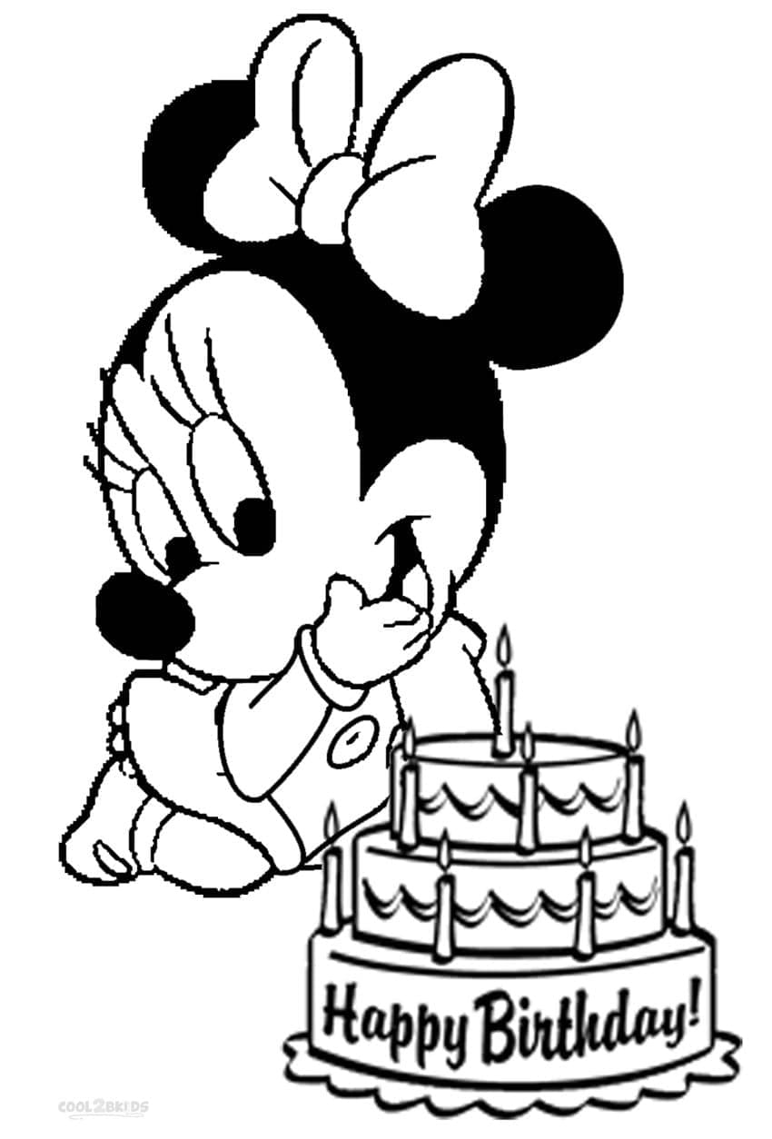 Coloriage Disney Bébé Minnie et Gâteau d'Anniversaire