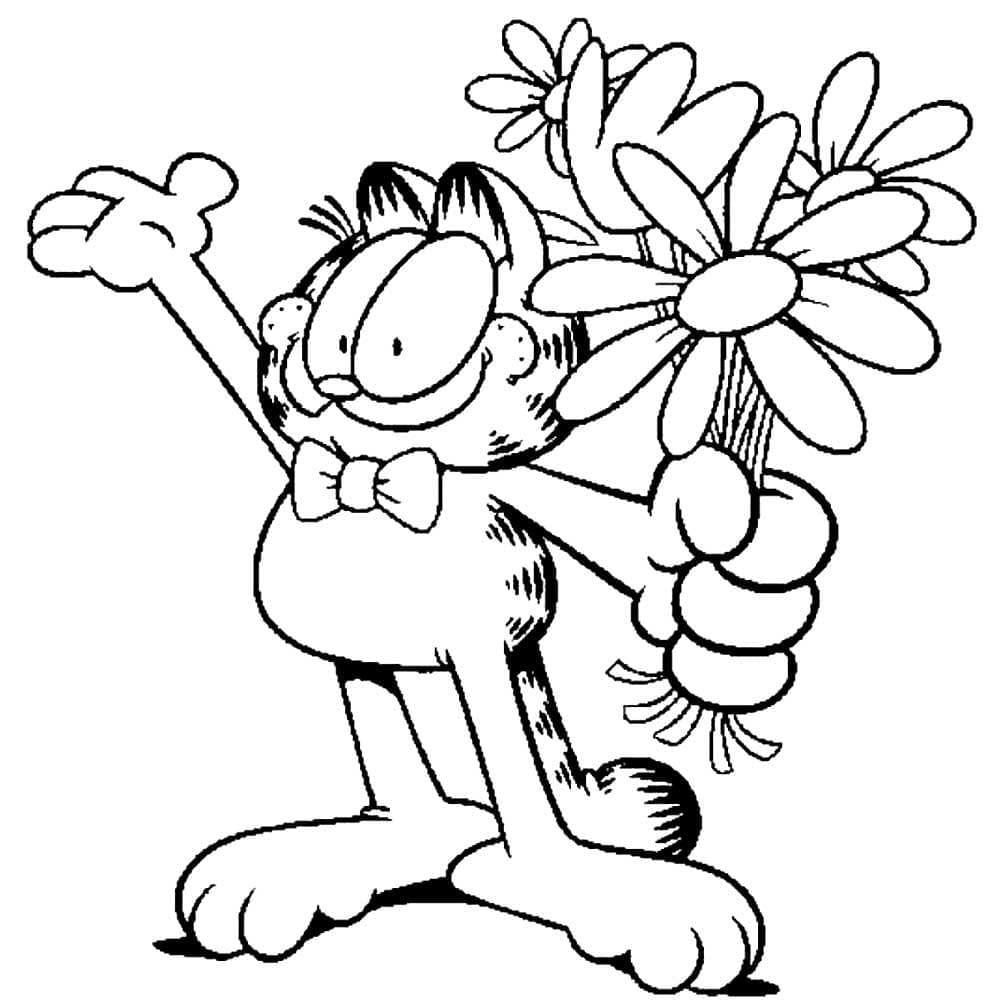 Coloriage Garfield avec Fleurs