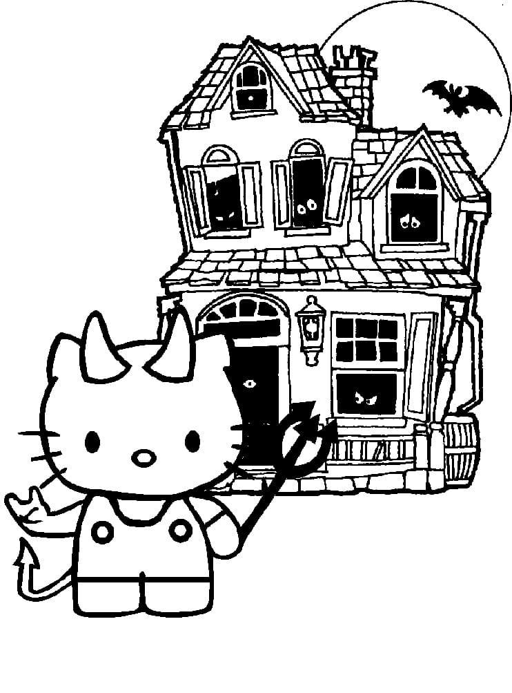 Coloriage Hello Kitty et Maison Hantée