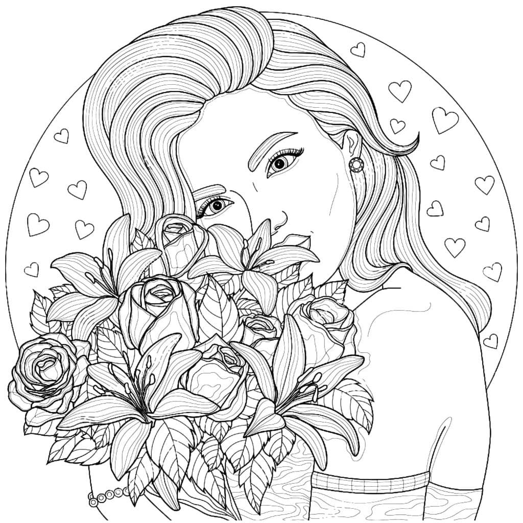 Coloriage Jolie Fille et Bouquet de Fleurs