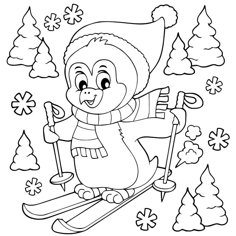 Coloriage Le Pingouin Mignon Fait du Ski