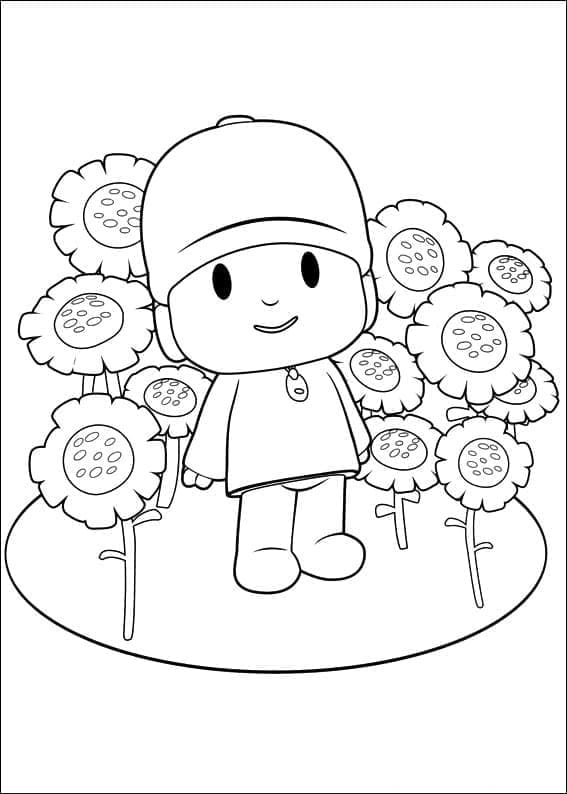 Coloriage Pocoyo et Fleurs