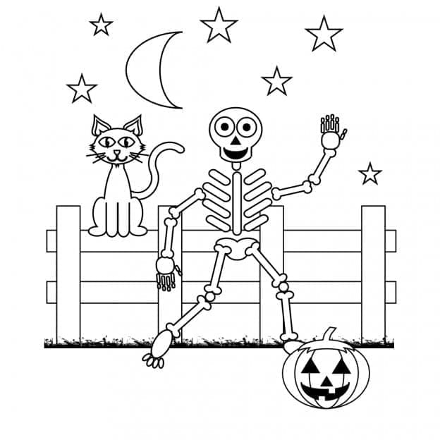 Coloriage Squelette et Chat Noir