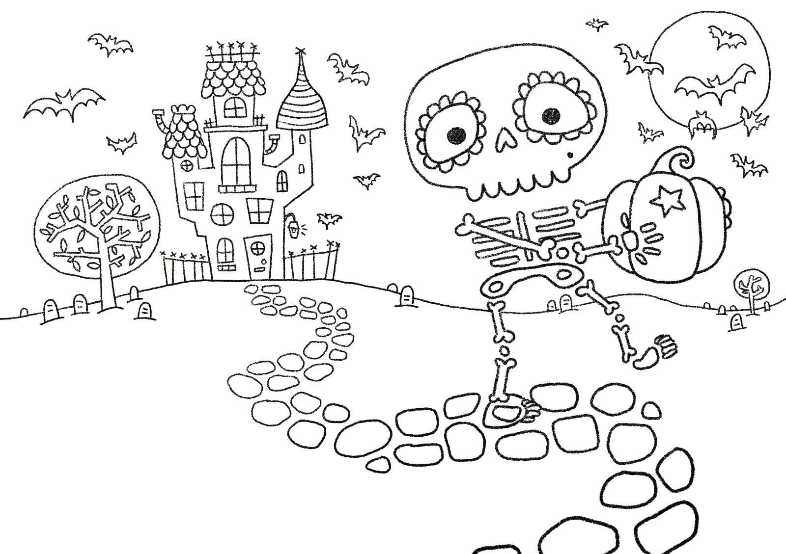 Squelette et Maison Hantée coloring page