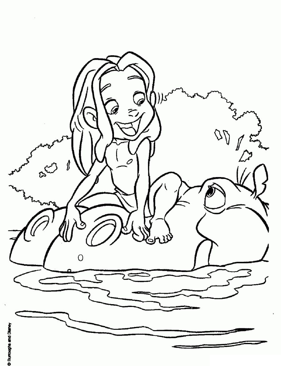 Coloriage Tarzan avec Hippopotame