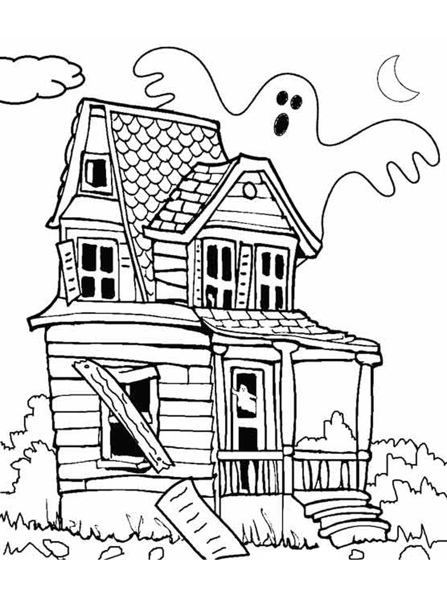 Coloriage Un Fantôme et Maison Hantée