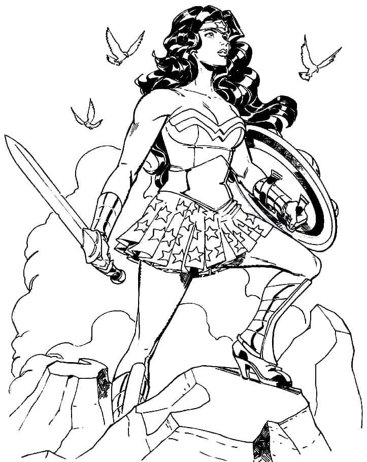 Coloriage Wonder Woman avec Épée et Bouclier