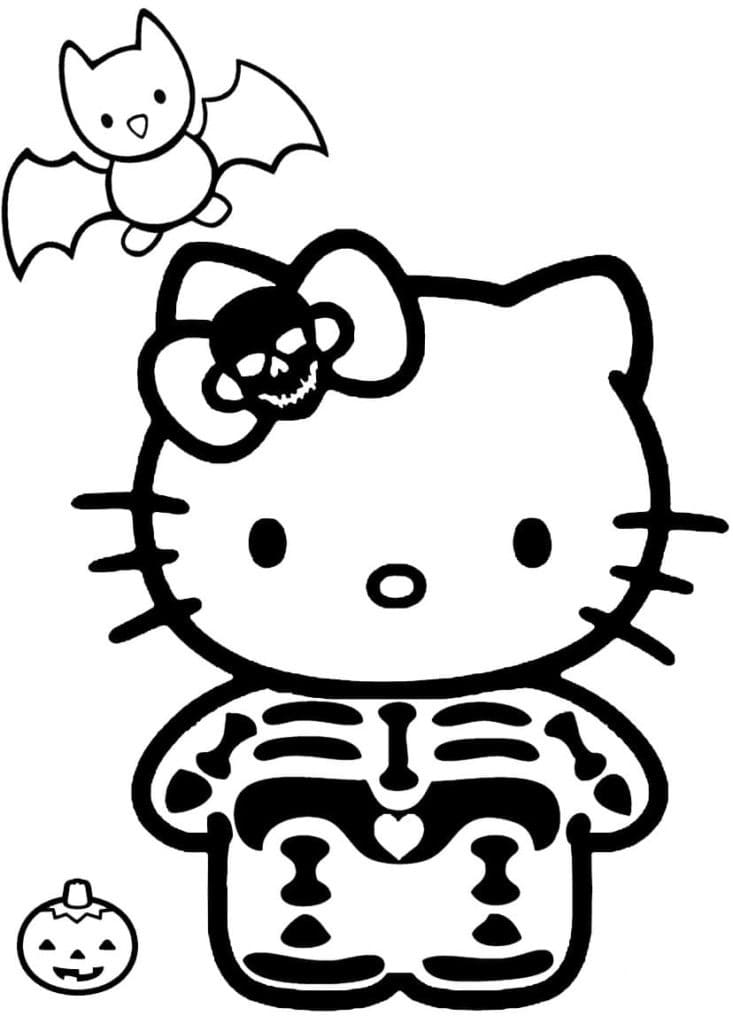 Coloriage Chauve-souris d'Halloween et Hello Kitty