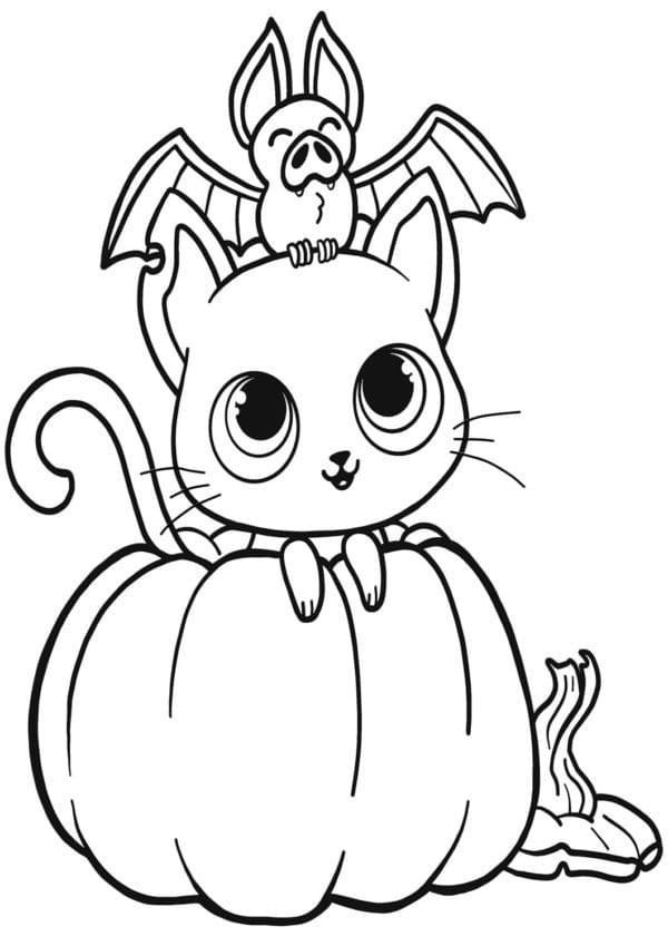 Chauve-souris et Chat d’Halloween coloring page
