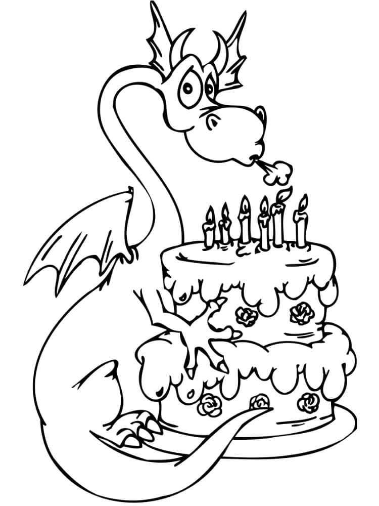 Coloriage Dragon et Gâteau d'Anniversaire
