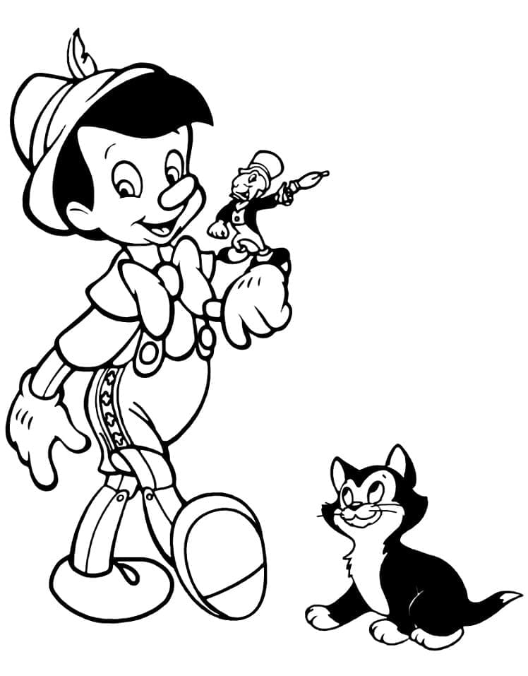 Coloriage Pinocchio, Jiminy et Figaro