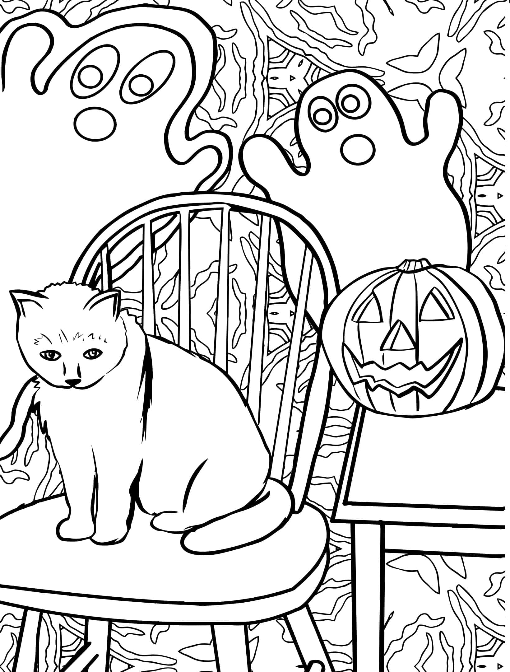Coloriage Chat d'Halloween avec des Fantômes