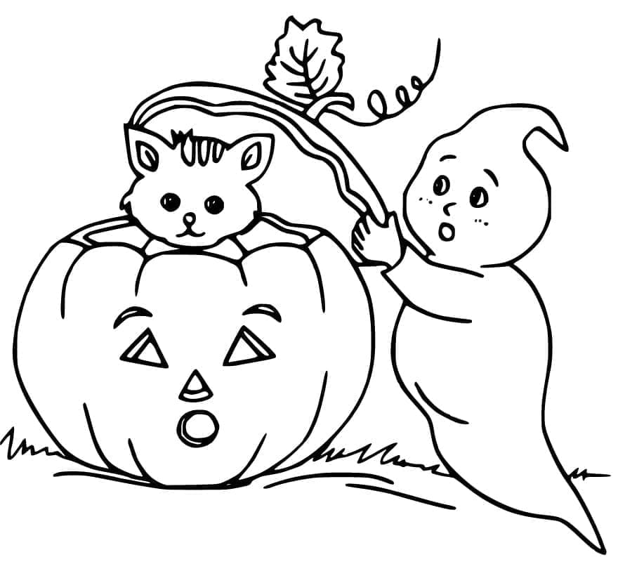 Chat d’Halloween avec Fantôme coloring page