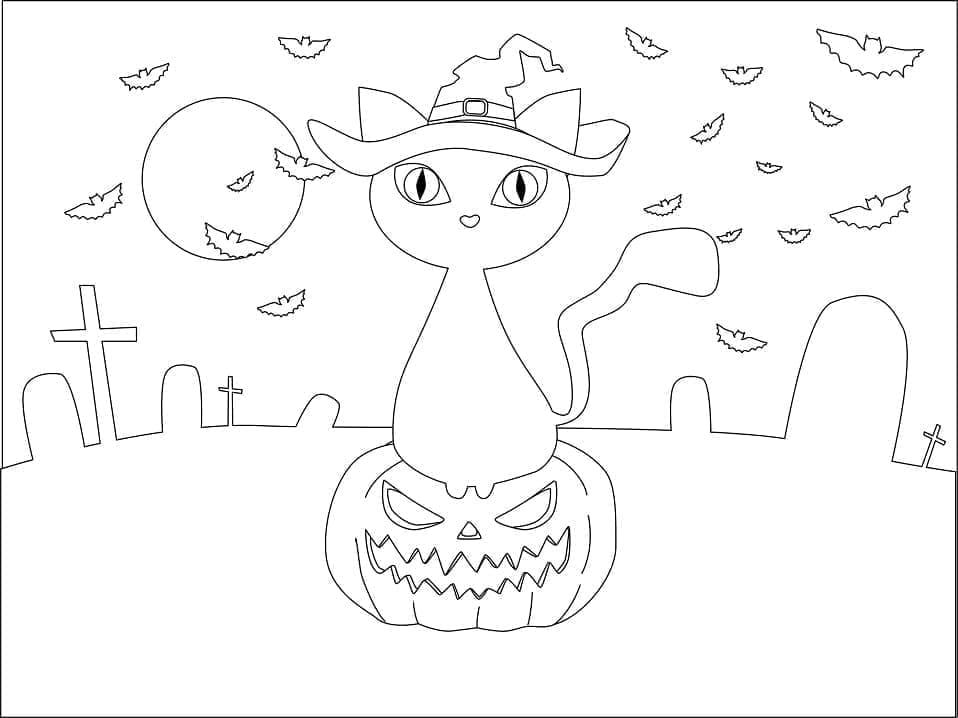 Coloriage Chat d'Halloween Simple