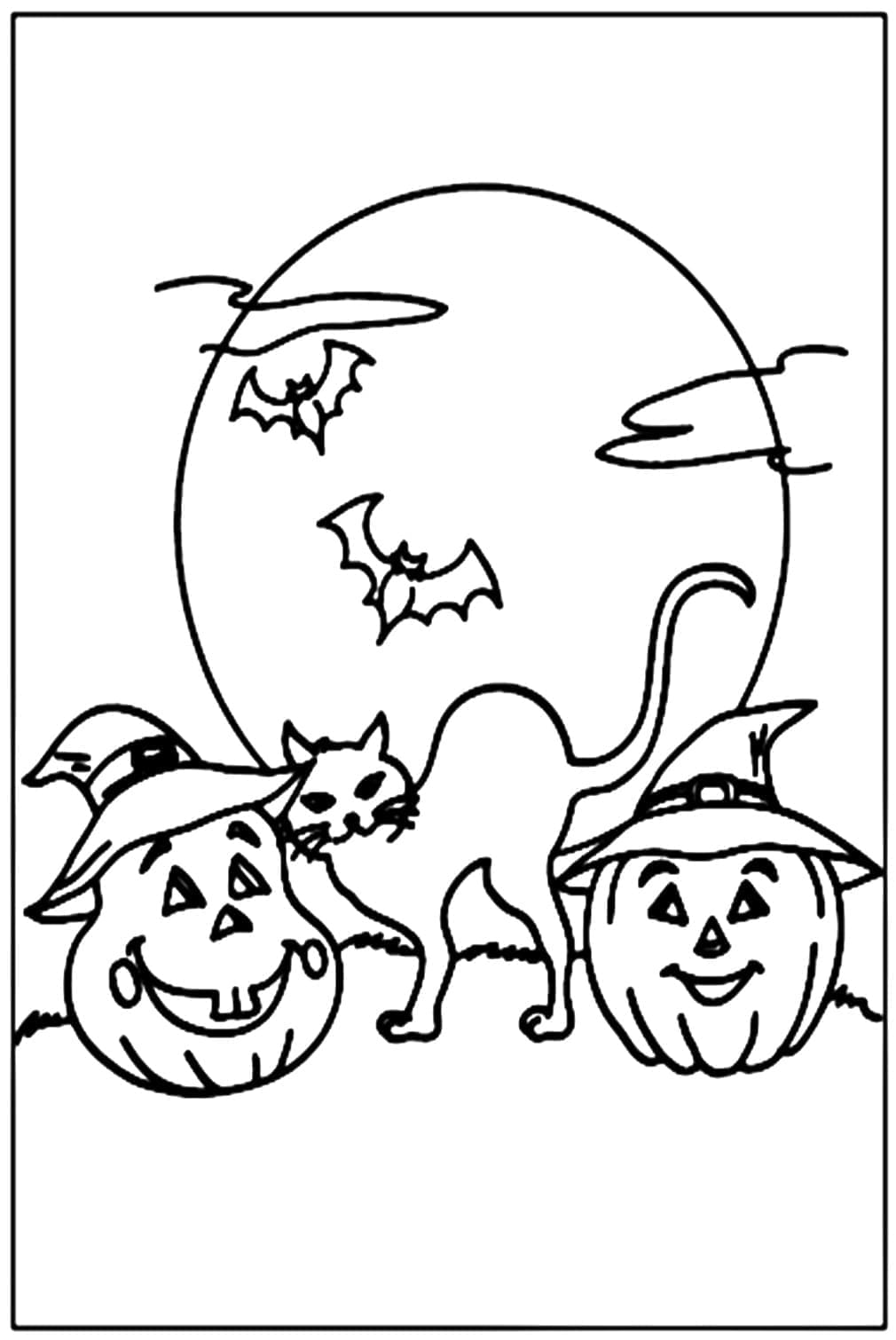Coloriage Chat et Citrouilles d'Halloween