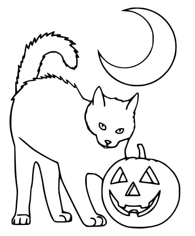 Coloriage Chat et Lune d'Halloween