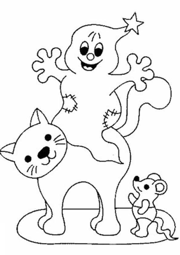 Chat, Fantôme et Souris d’Halloween coloring page
