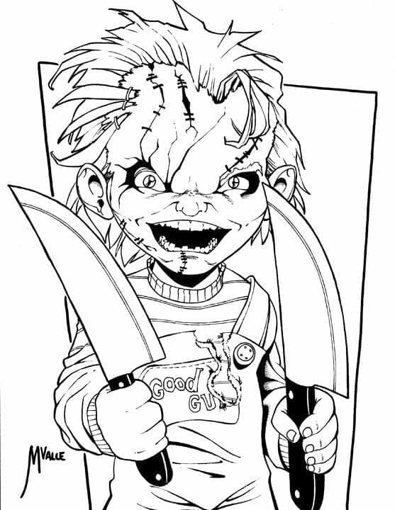 Coloriage Chucky et Couteaux