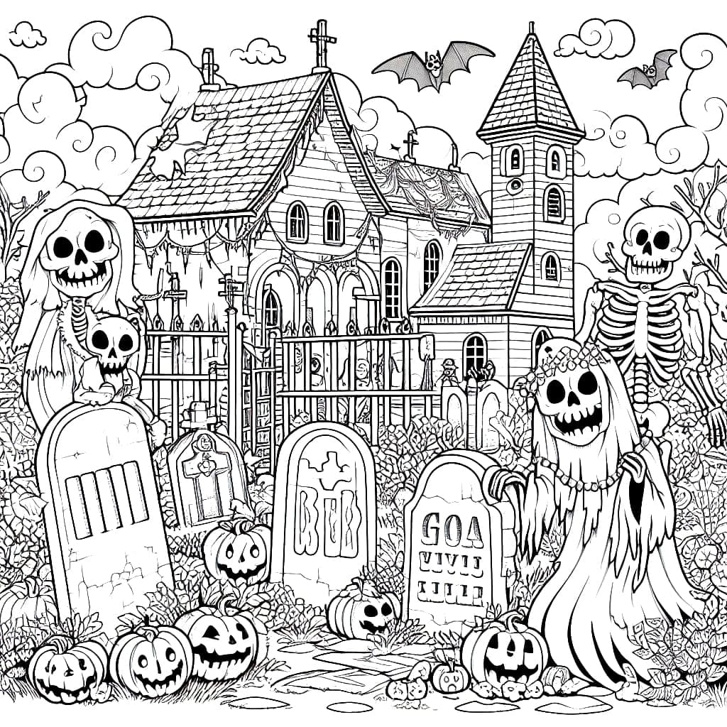 Cimetière la nuit d’Halloween coloring page