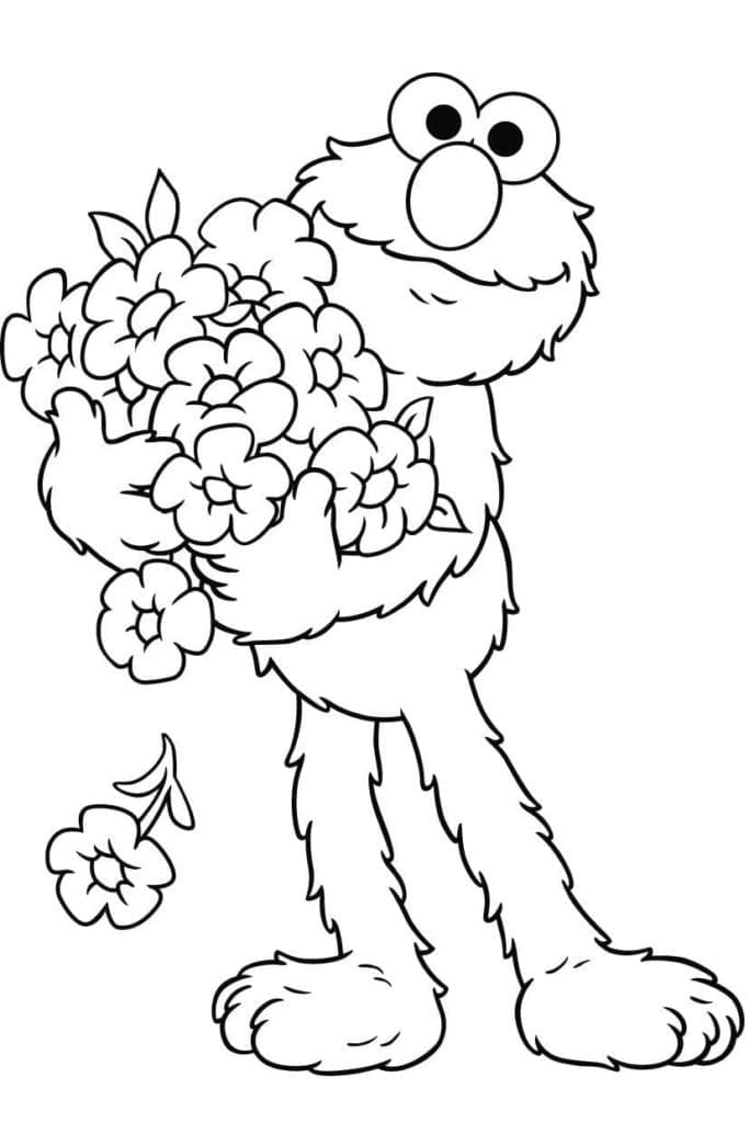 Coloriage Elmo et Bouquet de Fleurs