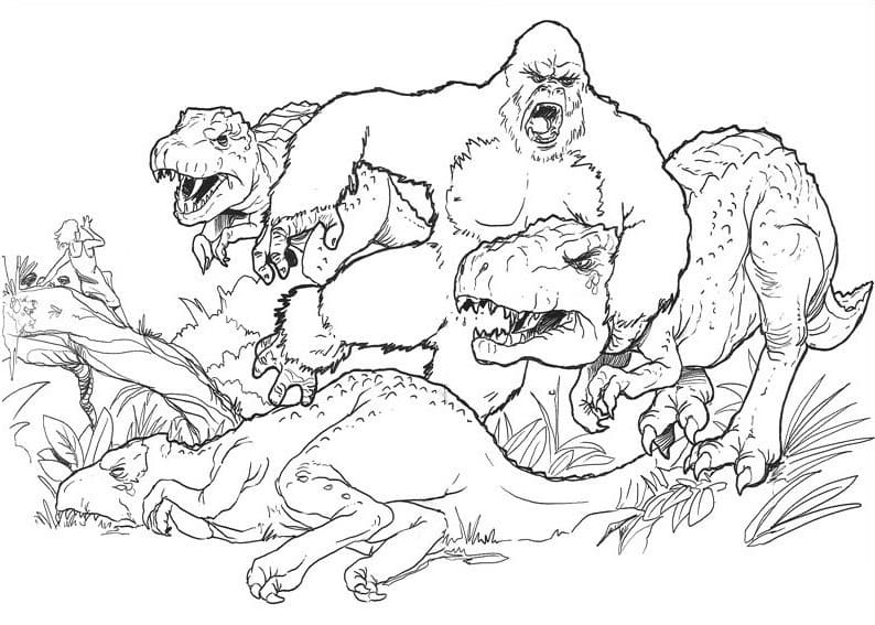 Coloriage King Kong contre Dinosaures