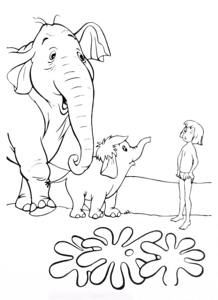 Mowgli et les éléphants coloring page