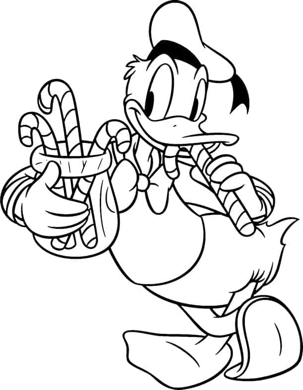 Coloriage Canard Donald avec Canne en Bonbon
